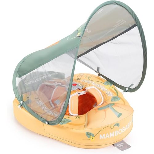 Mambobaby Float Add Tail Baby Swim Float with Canopy Solid Pool Infant Swim Trainer Swimming Training Lying Air Free Water Floats Non-Inflatable Waist Swim Ring for Toddlers (Pumpkins)