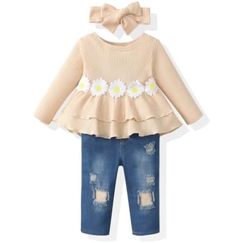 Baby Girl Clothes 12 18 24 Months Outfits For Infant Toddler Denim Girls' Clothing Ruffle Top Ripped Jeans Pant Sets