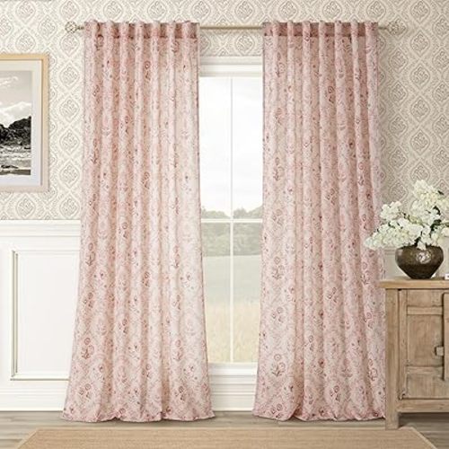 Dusty Pink Spring Floral Curtains 108 Inches Long 2 Panels Set for Living Room Linen Blush Pattern Print Drapes Girls Bedroom Back Tab Pink Flower Semi Sheer Window Curtains Nursery Cute Farmhouse