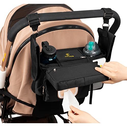 HUJOM Non-Slip Universal Stroller Organizer with Cup Holders, Shoulder Strap, Roll Down Diaper Pocket, Detachable Phone Bag & Flexible Wipes Pocket. Baby Must have Accessories.