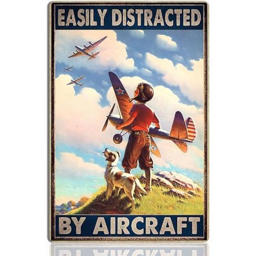 Airplane Decor Aviation Wall Art - Vintage Airplane Metal Tin Sign Easily Distracted by Airplanes Retro Plane Poster for Boys Room, Man Cave, Garage, or Home Bar, 8x12 Inches