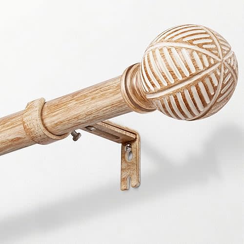 Zeerobee Wood Curtain Rods for Windows 48 to 84, 1 Inch Heavy Duty Drapery Rods with Imitation Wood Grain Leaf Pattern Finials, Indoor/Outdoor Modern Curtain Pole, 32"-86", Brown