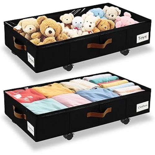 2 Pack Under Bed Storage with Wheels – 30.5×17×6.5 Inch, Underbed Storage with Sturdy Sidewalls/Bottom, Clear Cover, Label and PU Handle, Rolling Under Bed Drawers for Clothes, Shoes, Toys, Blankets