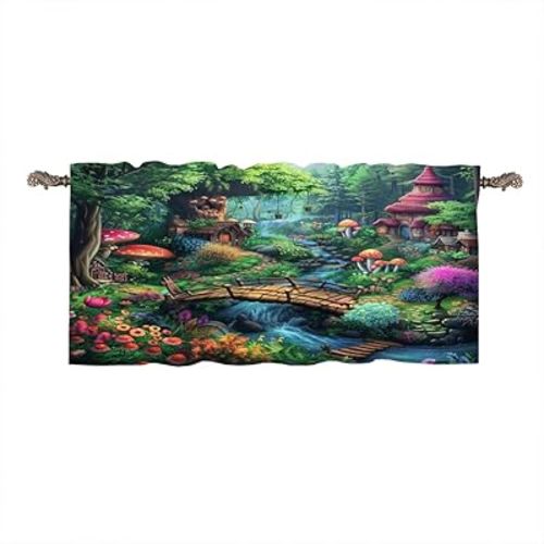 1 Panel Fairytale Forest Valances for Windows, Rod Pocket Fantasy Mushroom Floral Stream Valance Curtains Home Decor Window Treatment for Kitchen, Bathroom, 54" W X 18" L