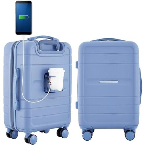 French Connection St. Martin Carry-On Luggage with Cup Holder/USB Ports, Stormy Blue