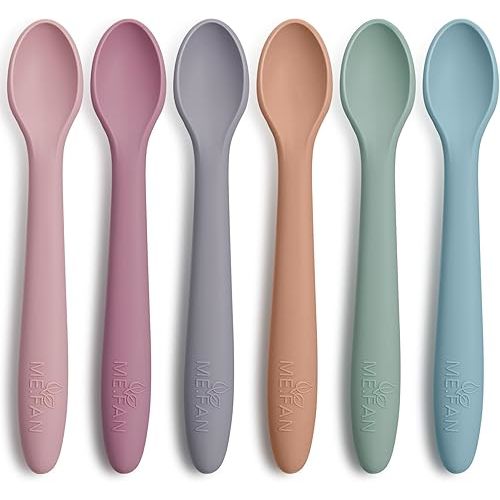 ME.FAN Silicone Baby Spoons - 6 Pack Feeding Spoons for First Stage Baby & Infant, Toddlers Spoons, Chew Spoons Set - Baby Utensils Soft Training Spoons - Morandi Color