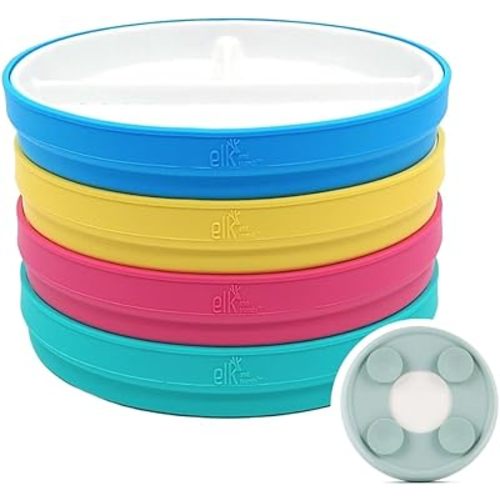 Elk and Friends Kids 7.8” Porcelain Divided Plates with Silicone Suction Sleeves | Suitable for Kids/Toddlers | Microwave & Dishwasher Safe | Non Slip | Snack Dishes | 4 Pack