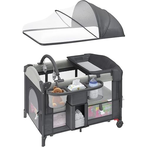 5-in-1 Baby Bassinet Bedside Sleeper with Swing Tube Converts to Cradle, Baby Crib with Mattress, Detachable Diaper Changer, Mosquito Net and Toy, Free-Installation, Grey