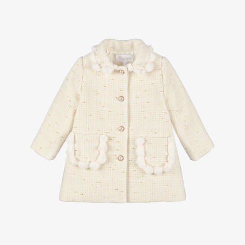 Patachou - Girls Ivory & Gold Tweed Coat with Faux Fur Trims | Childrensalon (12 Months)