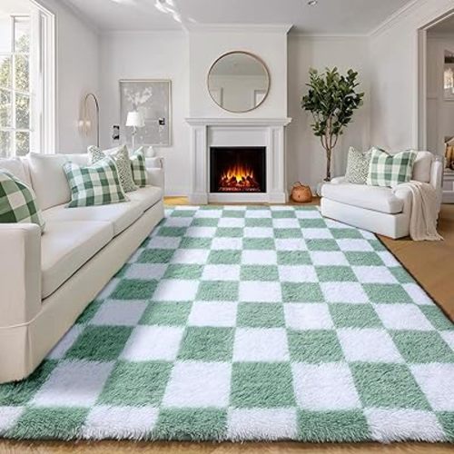 KICMOR Living Room Rugs 5x8 Sage Green and White, Large Fluffy Furry Shaggy Fuzzy Checkered Area Rug Bedroom Big Carpet, Shag Plush Soft Nursery Rug Cozy Room Decor for Teen Toddler Kids Baby Boys