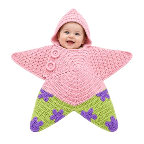 Hand-Crocheted Starfish Onesie, Baby Swaddle Sleep Sack, Cozy Hooded Star Dress for 0-3 Month Photos