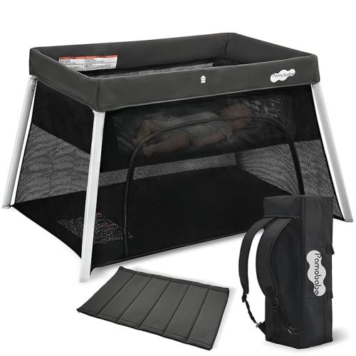 Pamo Babe Travel Crib with Bassinet, Certified Baby Safe Portable Crib, Extra Large Portable Playpen with Mattress & Zipper Door, Lightweight Foldable Pack and Play Baby Travel Bed - Grey