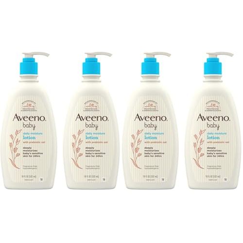 Aveeno Baby Daily Moisture Body Lotion for Sensitive Skin, Hypoallergenic Moisturizing Baby Lotion with Nourishing Oat to Deeply Moisturize Baby's Skin, Fragrance-Free, 18 fl. oz, (Pack of 4)