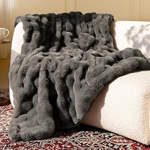 Ultra Soft Cozy Faux Fur Throw Blanket-Fuzzy Plush Thick Bubble Blanket, Fluffy Blanket for Couch, Sofa, Bedroom, and Living Room, 50x60 Inches, Dark Grey Taupe