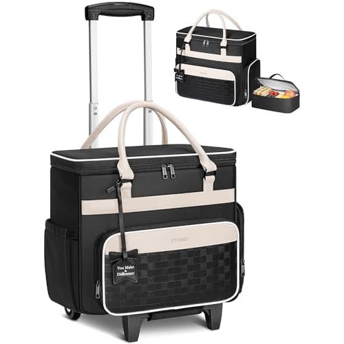 Ytonet Rolling Laptop Bag with Insulated Lunch Box, 15.6 In Rolling Briefcase for Women with Large Cup Holder, Detachable Trolley Roller Underseat Bags for Work, Office, Teacher, Travel, Black Beige