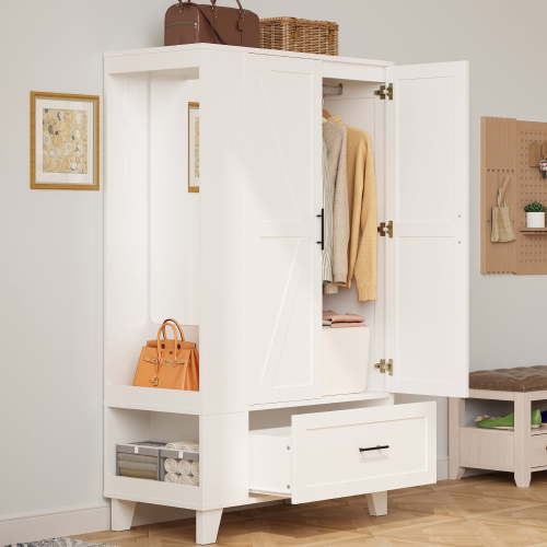 IRONCK 67" Tall Wardrobe Closet with Mirror & Drawer, White Wooden Bedroom Armoire Cabinet with Side Shelves and Hooks