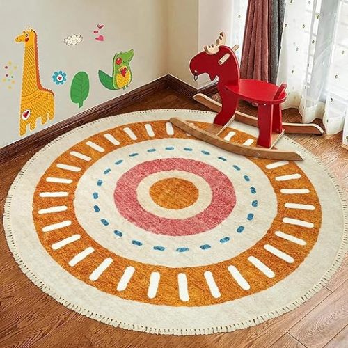Lukinbox Boho Round Kids Rug - 6ft Sun Washable Nursery Area Rug for Living Room, Super Soft Non-Slip Circle Playroom Rugs, Colorful Rainbow Circular Rugs for Bedroom Dinning Room