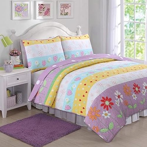 Cozy Line Home Fashions Floral Heart Print Reversible Girl Bedding Quilt Set, Bedspread, Coverlet (Flower Garden, Twin - 2 Piece)