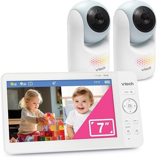 VTech 2-Cameras Video Baby Monitor with 7" Color LCD Screen, Rechargeable Battery, Video and Audio Streaming, Pan-Tilt-Zoom, Touch Multi-Color Night Light, Two-Way Talk: Advanced Max Twin (Blue)
