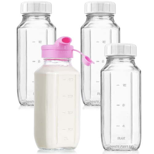 Syntic Glass Milk Bottle Containers, 4 Pack Clear Glass Water Bottles w Pour Spouts, 16 Oz Reusable Milk Jug w 100% Airtight Cap and Scale for Juicing Containers, Breast Milk Storage, Drinking Jar