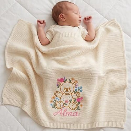 Personalized Baby Blanket with Name - Custom Embroidered Teddy Bear & Floral Name Blanket, 100% Cotton Knit Baby Blanket, Neutral Newborn Keepsake