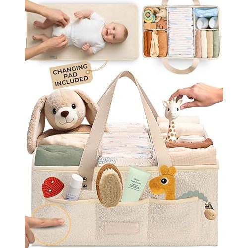 Toodly Baby Diaper Caddy Organizer with Portable Changing Mat - Teddy Fleece Diaper Organizer for Changing Table - Basket for Changing Essentials - Baby Essentials Organizer with Removable Dividers