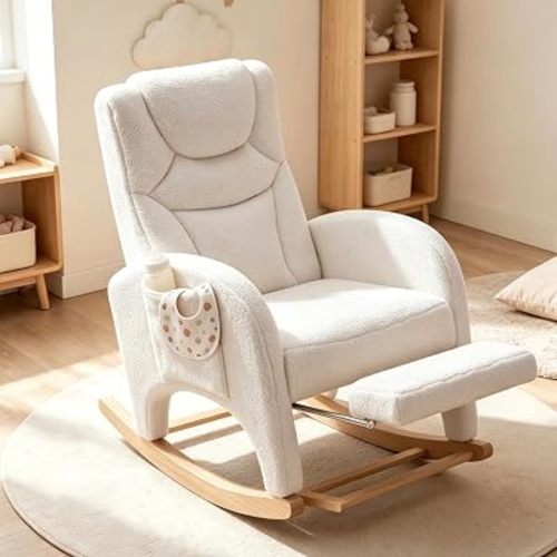 FOXHUNTER Rocking Chair Nursery with Adjustable Footrest, Teddy Ivory