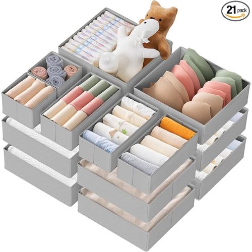 Criusia Drawer Organizer Clothes, 21 Pack Dresser Organizer for Baby Clothes, Underwear, Sock- Foldable Closet Organization and Storage Dividers Bins for Nursery, Bedroom (Grey)