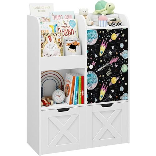 Kids Toy Storage Organizer with Blackboard, 3-in-1 Toy Organizers and Storage with Reading Nook, Wooden Toy Chest Storage with 2 Drawers and Hidden Wheels for Playroom Storage, White