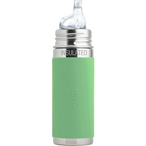 Pura Kiki 9oz/260ml Stainless Steel Insulated Sippy Bottle w/Sleeve, Plastic-Free, MadeSafe Certified, Medical-Grade Silicone Sipper Spout Fast Flow Rate for Kids, Toddlers, Babies & Infant – Moss