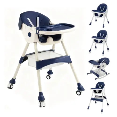 Halicool Adjustable 6-in-1 Convertible Baby High Chair, Blue and White, Double-Layered Tray with Game Board, Bpa-Free Food Grade Material, Portable with Wheels