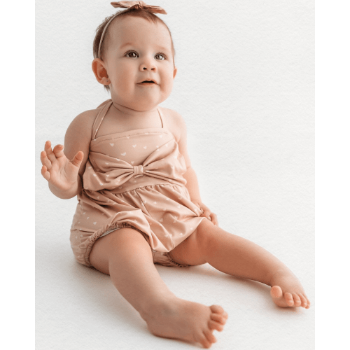 Dottie Bow Front Bubble Romper - Tan Hearts