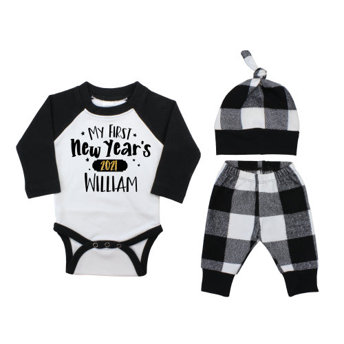My First New Year's 2025 Personalized Black Raglan Outfit Baby Unisex Happy New Year Gold Sparkle Boy White Black Gray Plaid Flannel Pants