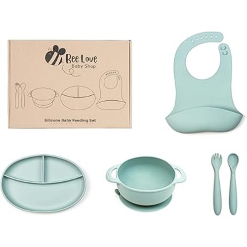 Bee Love Silicone Baby Feeding Set | BPA Free Baby Led Weaning Utensils Set with Suction Plate, Bowl, Adjustable Bib, Baby Spoon and Folk | Toddler Feeding Supplies for 6+ Months (Moody Blue)