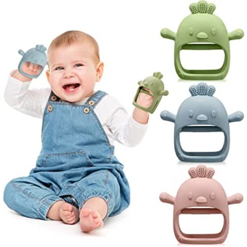 3 Pack Baby Teether Teething Toys for Babies 0-6 Months Baby Teething Toy Silicone Anti Dropping Infant Hand Teether Pacifiers Wrist Hand Chew Toys for Sucking Needs (Blue, Green, Flesh Pink, Chick)