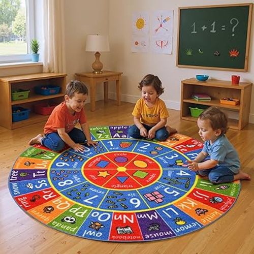 KC Cubs Educational Kids Rug – ABC Alphabet, 123 Numbers & Shapes Learning Mat – Soft Interactive Carpet for Classroom, Playroom & Bedroom 3' 3" Round
