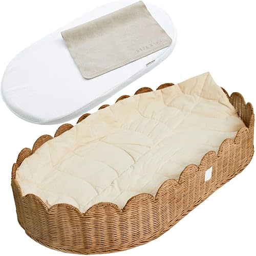 BEBE BASK Premium Baby Changing Basket - Artisan-Crafted Scalloped Rattan - Changing Basket for Baby Dresser - All Accessories Included - Complete Set for Nursery (Mocca)