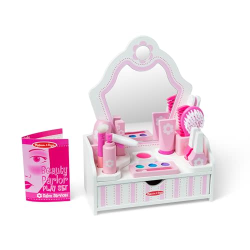 Melissa & Doug Wooden Beauty Salon Play Set, 18-Piece Vanity with Pretend Play Toys, Makeup, Mirror, Accessories & More, Preschool Toys for Girls & Boys Ages 3+ - FSC Certified