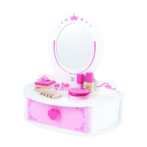 Hape Toys Petite Pink Vanity Toy Wooden Beauty Desk with Drawer, Mirror, Pretend Makeup Kit, Hairbrush, Lipstick Roll, Compact, Perfume, and Puffs, Gift Idea for Toddlers & Kids Ages 3+