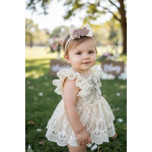 Boho Cream Lace Baby Romper: 1st Birthday Cake Smash Outfit