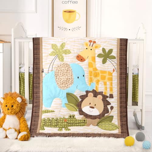 Wowelife Safari Crib Bedding Set, Mini Crib Bedding Set Boy. 3-Piece Mini Crib Comforter Set Nursery Bedding Sets for Boys Include Crib Comforter, Skirt and Sheet, Brown