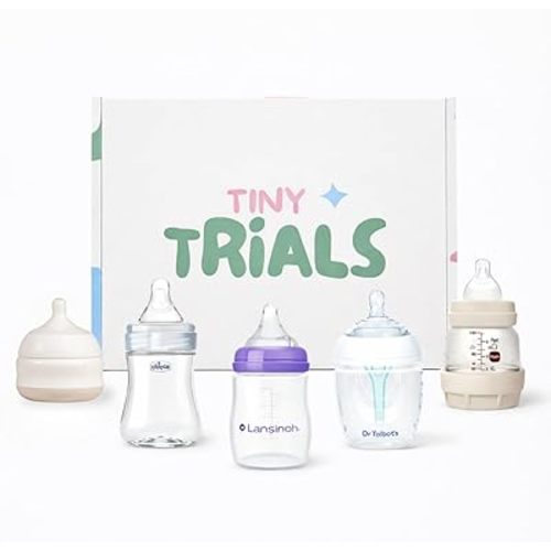 Baby Bottle Trial Pack Variety Box for Newborns & Infants – 5 Bottles Featuring Chicco, Dr. Talbot’s, MAM, Lansinoh & Babaloo – Anti-Colic, Breastfeeding-Friendly Baby Registry Gift, Tiny Trials