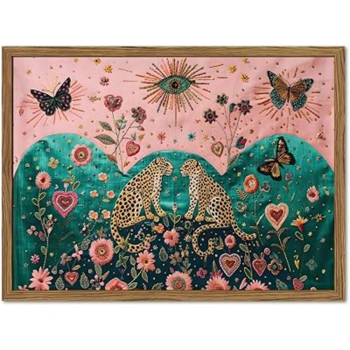 Vintage Leopard Wall Art Mystical Cheetah Wall Decor Painting, Whimsical Animal Butterfly and Floral Poster Canvas Prints Picture for Living Room Bedroom 12x16 inch Wood Framed