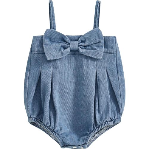 Infant Baby Girl Denim Romper Summer Clothes Bow Front Sleeveless Smocked Bodysuit One Piece Playsuits