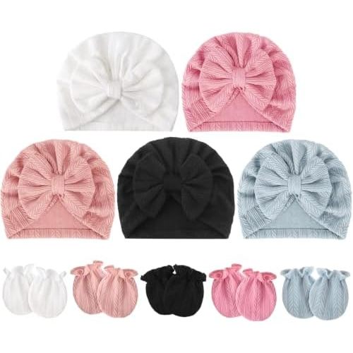 BQUBO Baby Turban Hats and Mittens Set Newborn Infant Hospital Hats Caps with Bows for Baby Boys Girls 0-12 Months