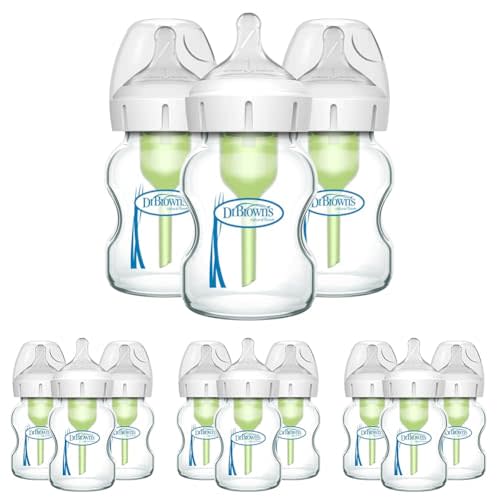 Dr. Brown's Natural Flow Anti-Colic Options+ Wide-Neck Glass Baby Bottles 5 oz/150 mL, with Level 1 Slow Flow Nipple, 12 Pack, 0m+
