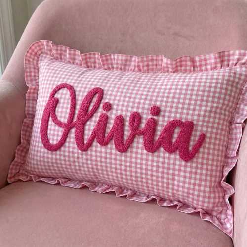 Custom Name Punch Needle Pillow, Baby Embroidered Nursery Decor Newborn Gift