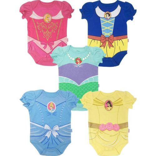 Disney Princess Snow White Belle Aurora Newborn Baby Girls 5 Pack Bodysuits Aurora, Snow White, Ariel, Cinderella, Belle 6-9 Months