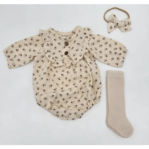 Chloe Floral Ruffle Romper Set with Bow & Socks