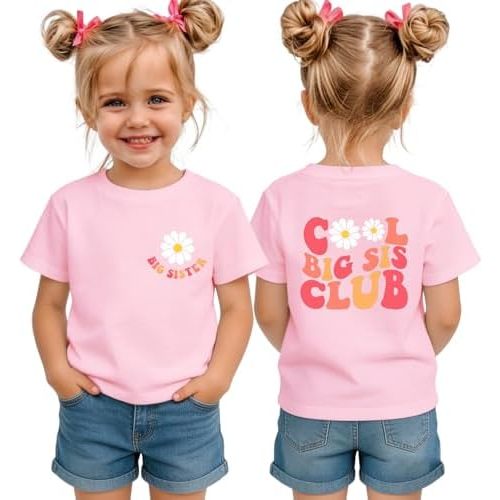Big Sister Shirts for Toddler Girls Cool Big Sis Club T-Shirt Baby Announcement Tee Gender Reveal Outfit Summer Top